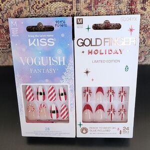 2pc KISS Goldfinger Holiday Nails Almond Medium Length Red White Candy Cane
